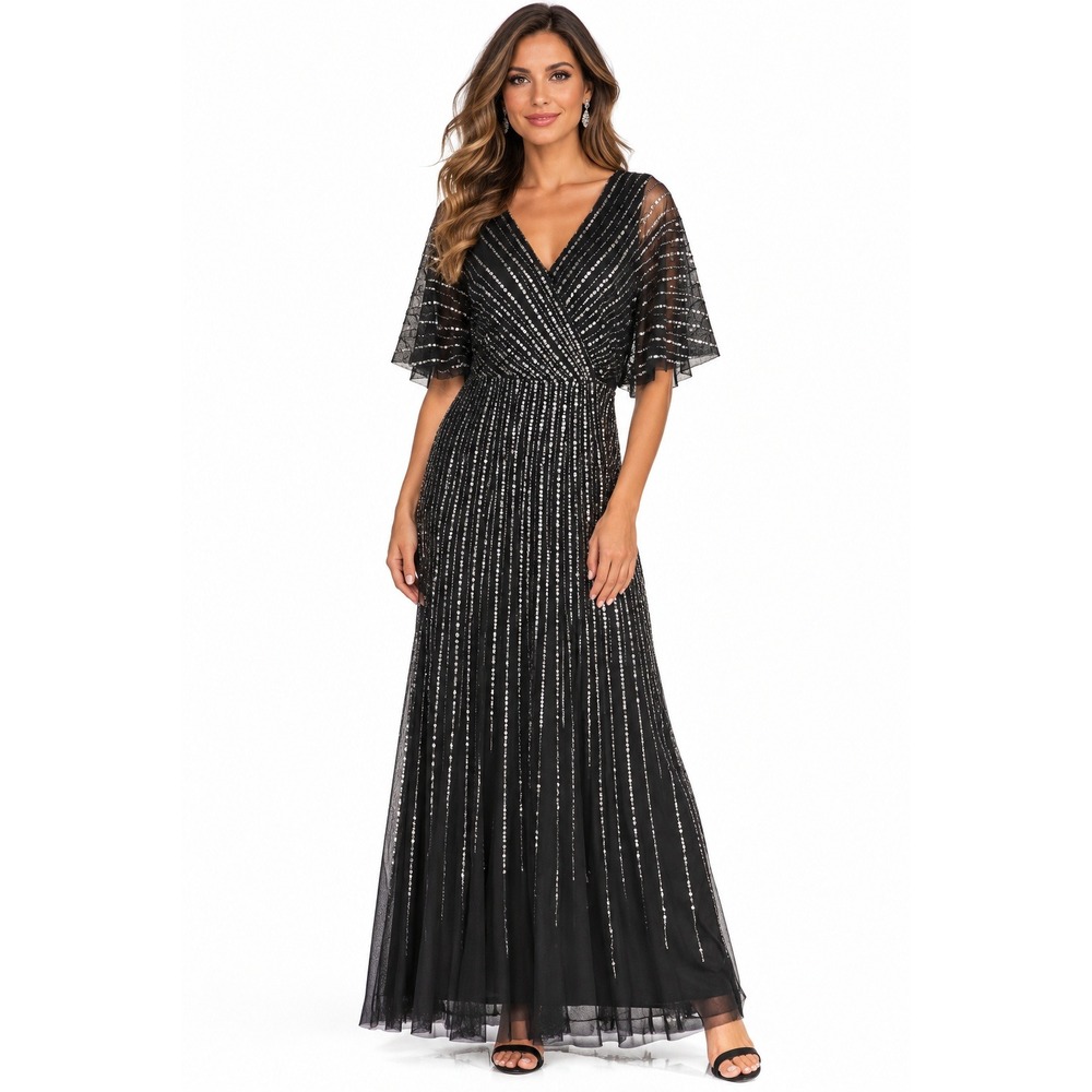Adrianna Papell Sequin Beaded Maxi Dress 8P Black V Neck Flutter Sleeve Formal